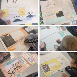 A collage of pictures showing 5th graders working on their food truck project.